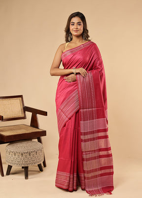 Pink Handloom Tussar Pure Silk Saree With Blouse Piece