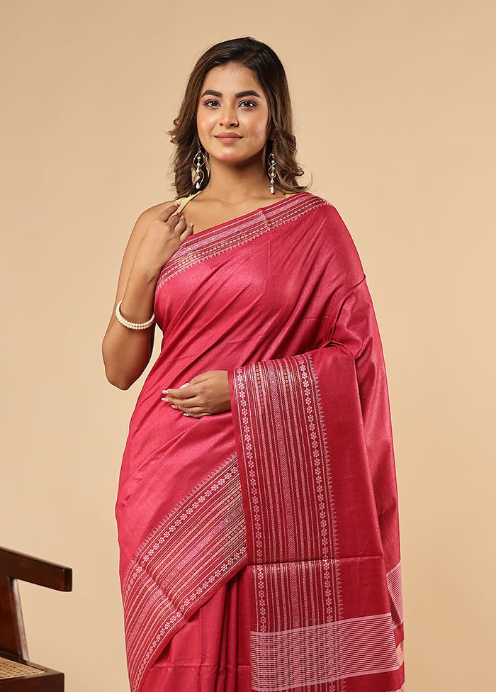 Pink Handloom Tussar Pure Silk Saree With Blouse Piece