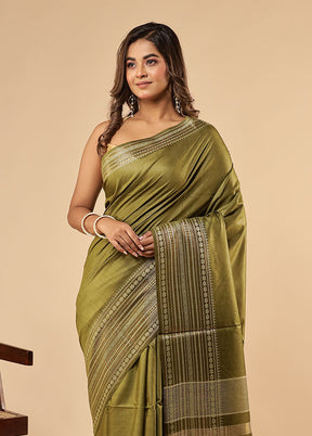 Green Handloom Tussar Pure Silk Saree With Blouse Piece
