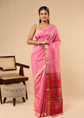 Pink Handloom Kanjivaram Pure Silk Saree With Blouse Piece