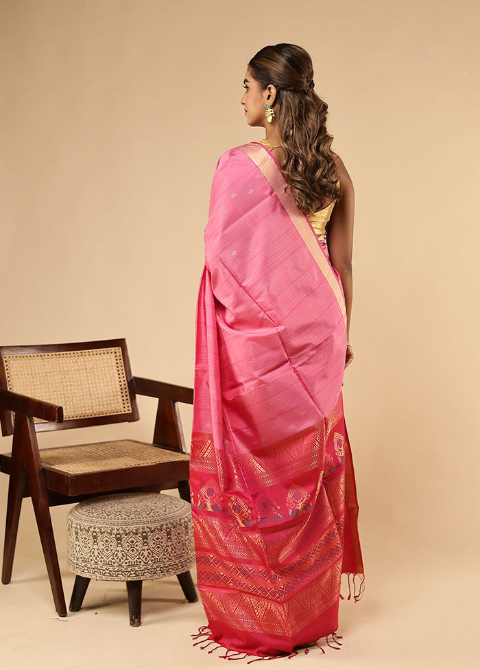 Pink Handloom Kanjivaram Pure Silk Saree With Blouse Piece
