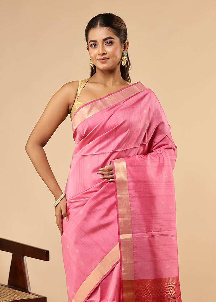 Pink Handloom Kanjivaram Pure Silk Saree With Blouse Piece