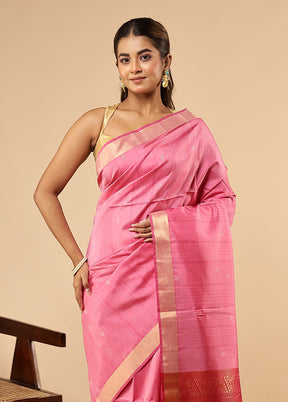 Pink Handloom Kanjivaram Pure Silk Saree With Blouse Piece