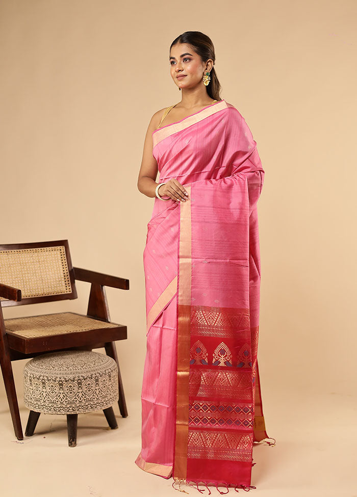 Pink Handloom Kanjivaram Pure Silk Saree With Blouse Piece