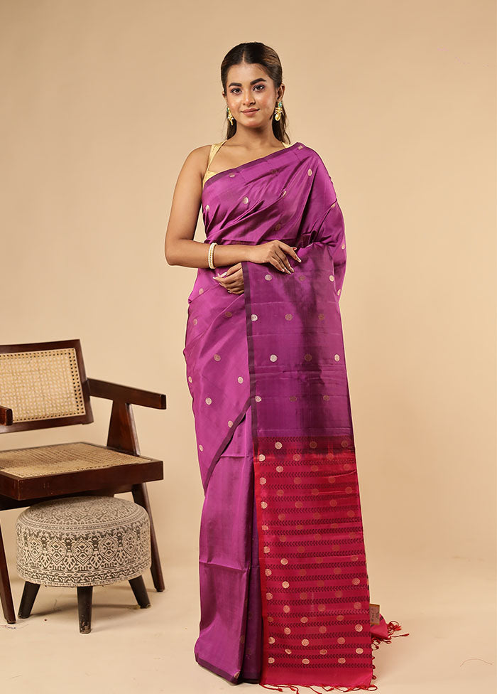 Purple Handloom Kanjivaram Pure Silk Saree With Blouse Piece