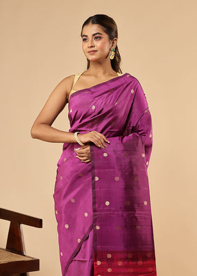Purple Handloom Kanjivaram Pure Silk Saree With Blouse Piece