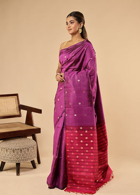 Purple Handloom Kanjivaram Pure Silk Saree With Blouse Piece