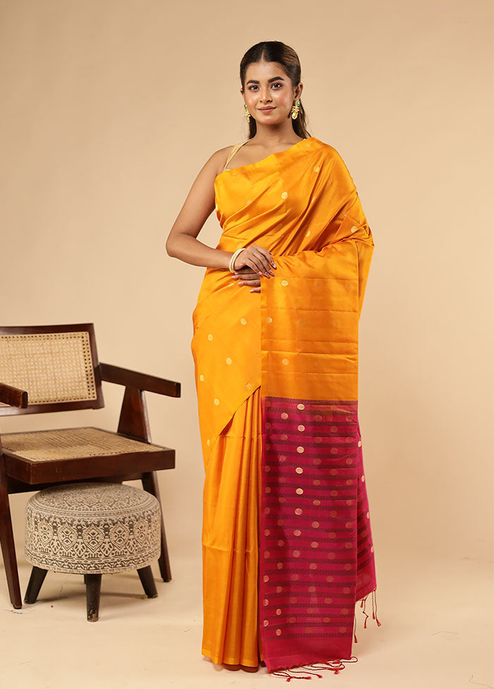 Yellow Handloom Kanjivaram Pure Silk Saree With Blouse Piece