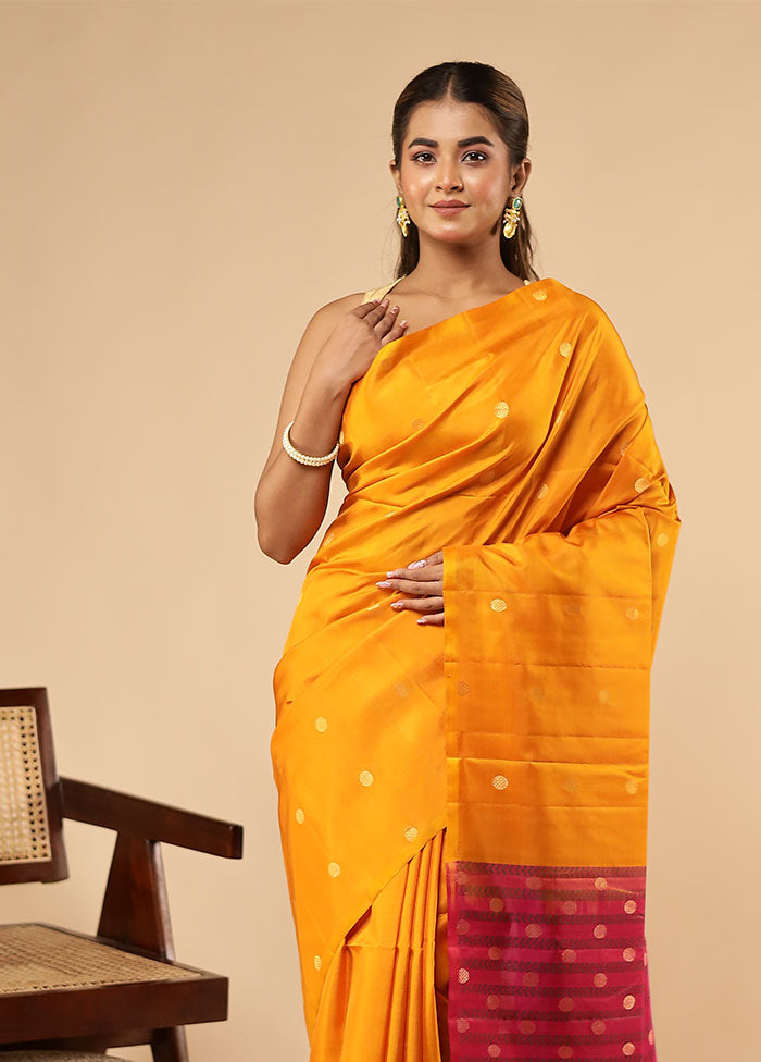 Yellow Handloom Kanjivaram Pure Silk Saree With Blouse Piece