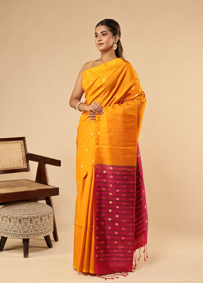 Yellow Handloom Kanjivaram Pure Silk Saree With Blouse Piece
