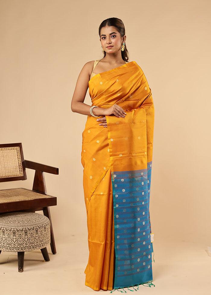Yellow Handloom Kanjivaram Pure Silk Saree With Blouse Piece
