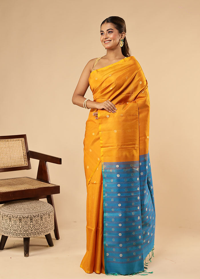 Yellow Handloom Kanjivaram Pure Silk Saree With Blouse Piece
