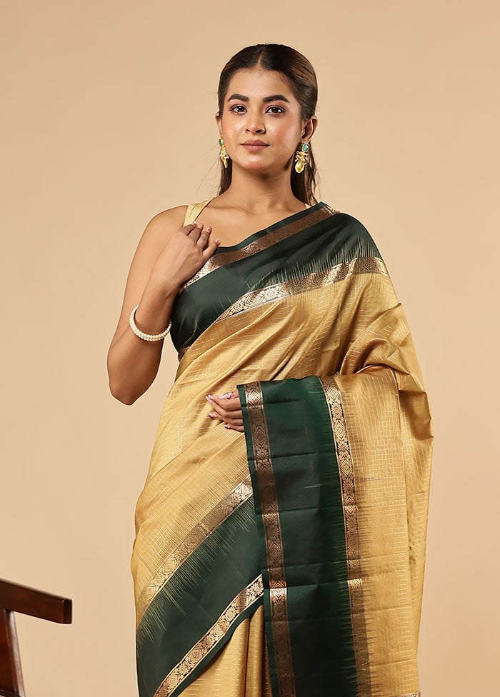 Cream Handloom Kanchipuram Pure Silk Saree With Blouse Piece