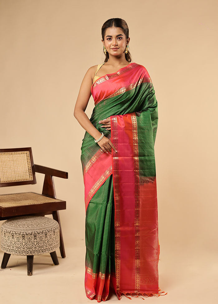 Green Handloom Kanchipuram Pure Silk Saree With Blouse Piece