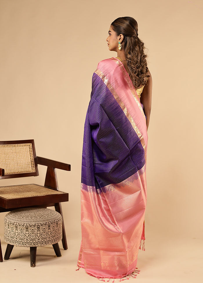 Blue Handloom Kanchipuram Pure Silk Saree With Blouse Piece