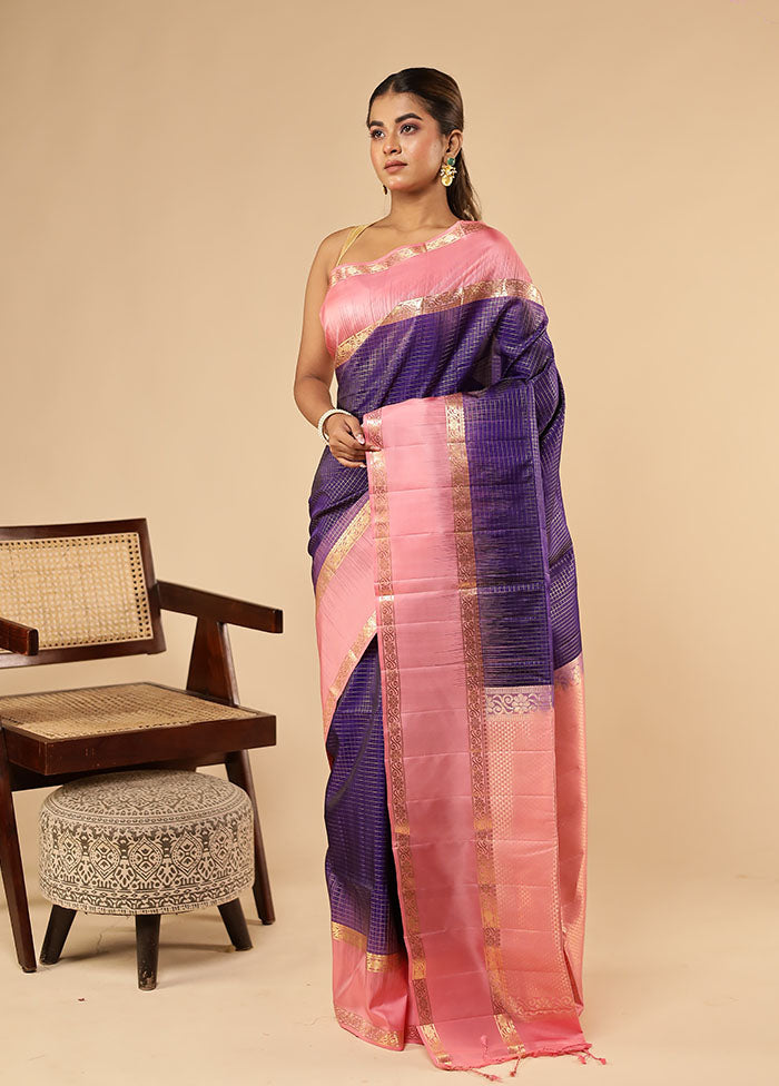 Blue Handloom Kanchipuram Pure Silk Saree With Blouse Piece