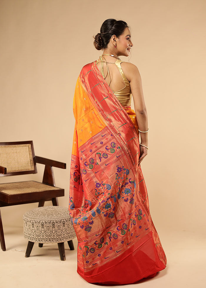 Orange Handloom Kanchipuram Pure Silk Saree With Blouse Piece