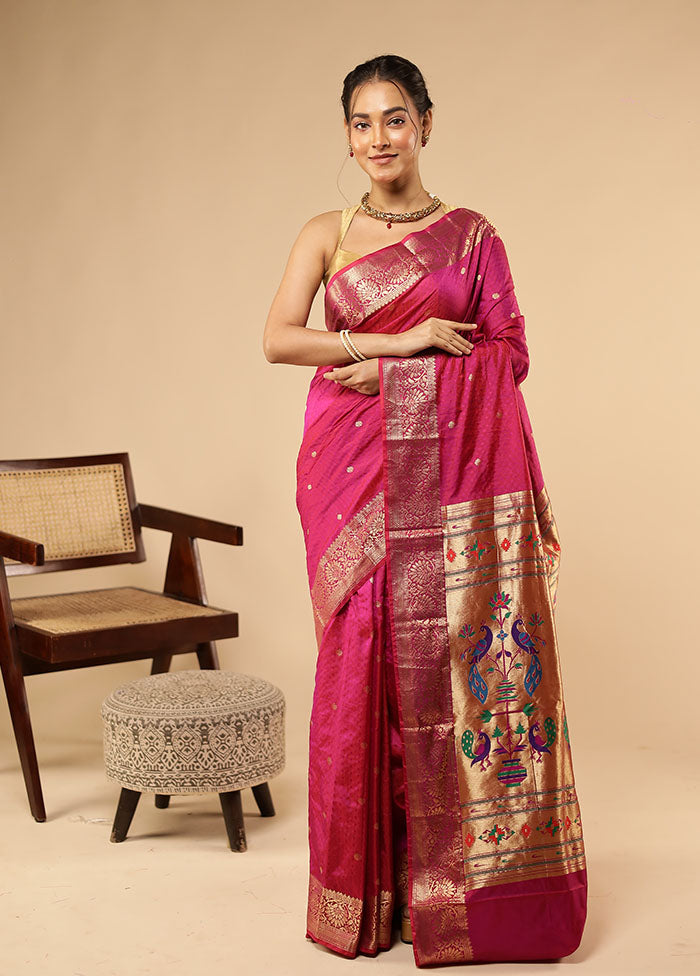 Pink Handloom Kanjivaram Pure Silk Saree With Blouse Piece