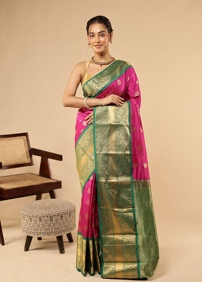 Pink Handloom Kanjivaram Pure Silk Saree With Blouse Piece