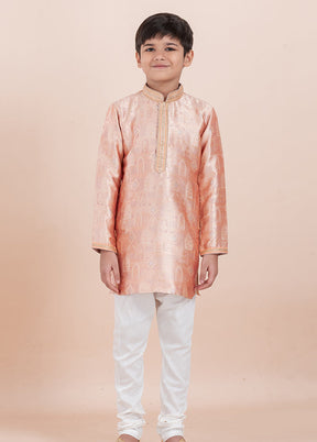 Orange Jacquard Silk Kurta & Pajama Set