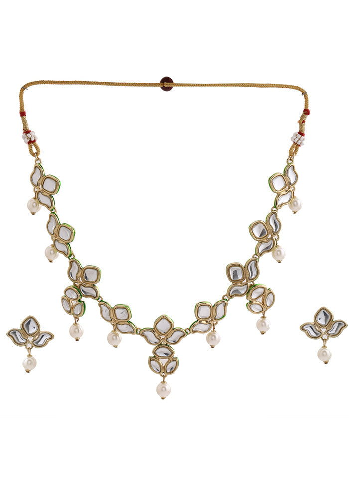 Gold Plated Kundan Pearl Lily Designer Necklace Set - Indian Silk House Agencies