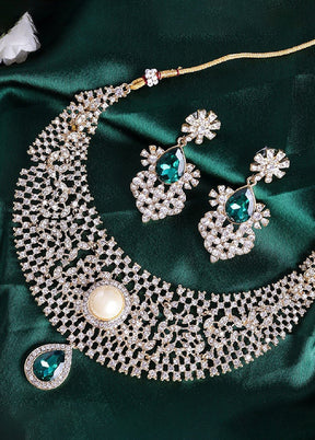 Gold And Rhodium Plated Emerald And Diamond Heavy Choker Necklace Set - Indian Silk House Agencies