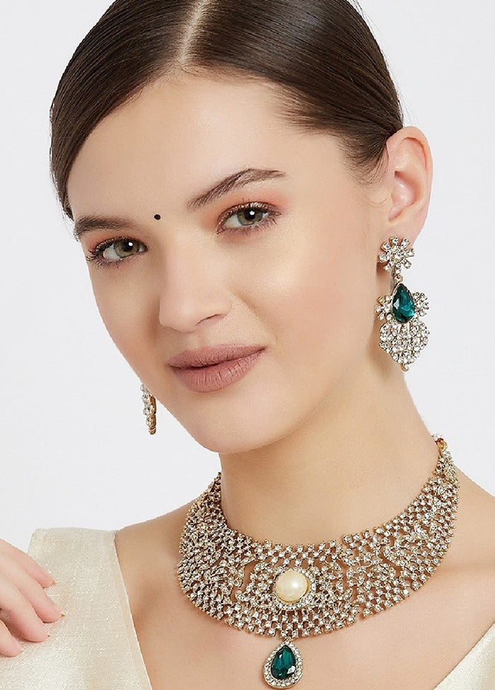 Gold And Rhodium Plated Emerald And Diamond Heavy Choker Necklace Set - Indian Silk House Agencies