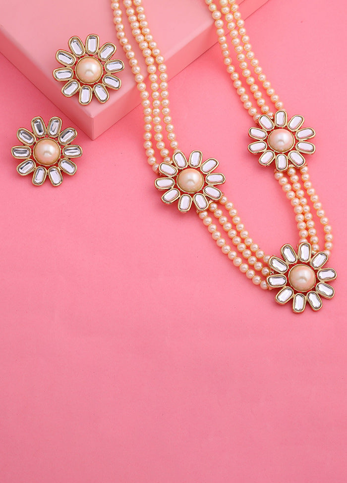 Gold Plated Three Daisy Flower Kundan Pearl Necklace Set - Indian Silk House Agencies