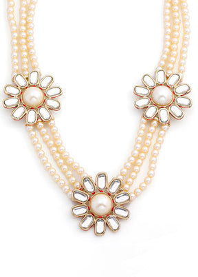 Gold Plated Three Daisy Flower Kundan Pearl Necklace Set - Indian Silk House Agencies