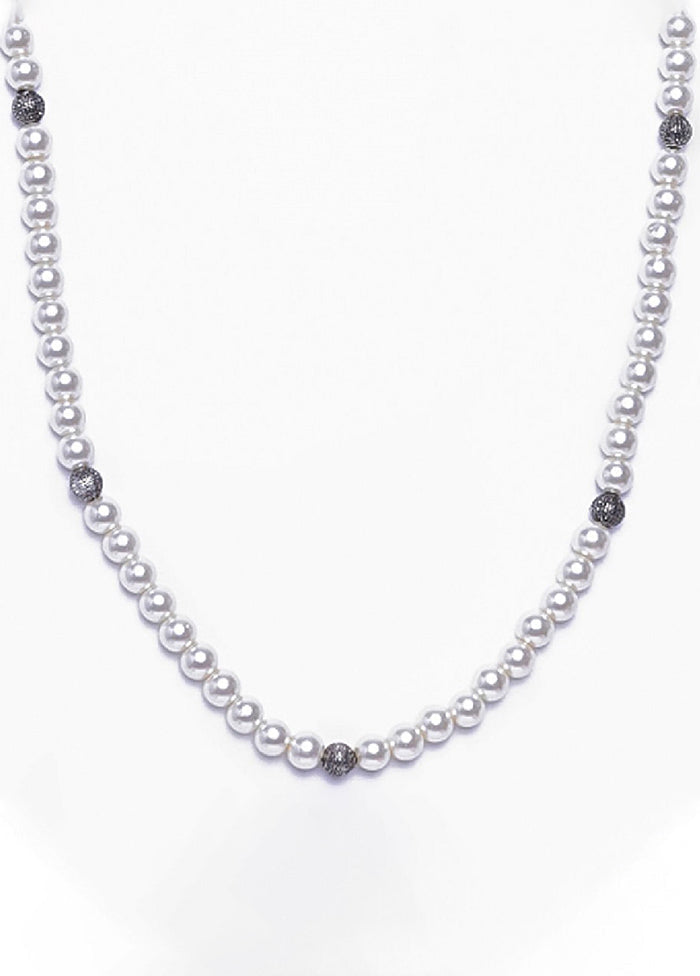 Rhodium Plated Long Single Line White Pearl String Necklace - Indian Silk House Agencies