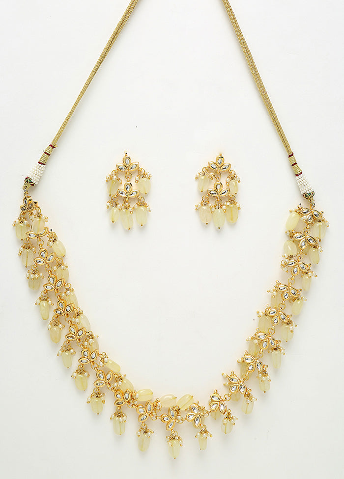 Gold Plated Kundan Jewellery Set With Off White Beads - Indian Silk House Agencies