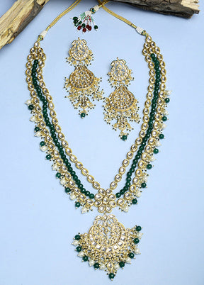 Gold Plated Kundan Jewellery Set With Emerald Green Beads - Indian Silk House Agencies