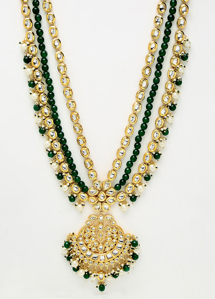 Gold Plated Kundan Jewellery Set With Emerald Green Beads - Indian Silk House Agencies