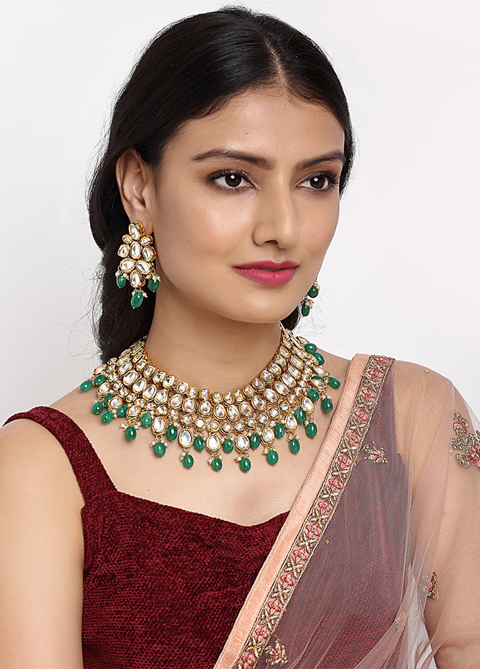 Gold Plated Kundan Jewellery Set With Green Beads - Indian Silk House Agencies