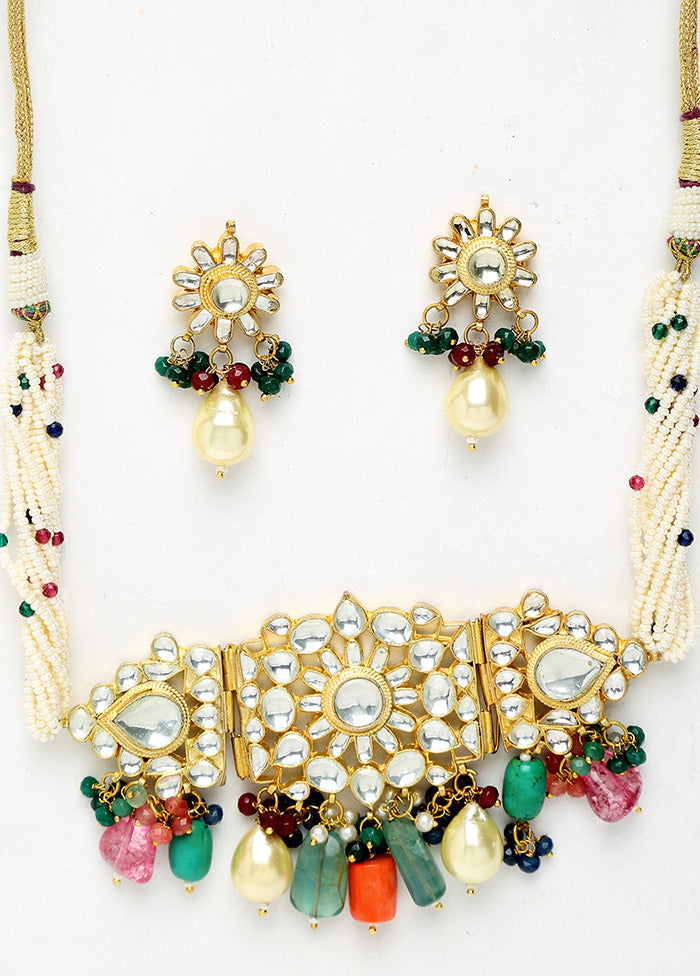 Gold Plated Kundan Choker With Multicolored Beads - Indian Silk House Agencies