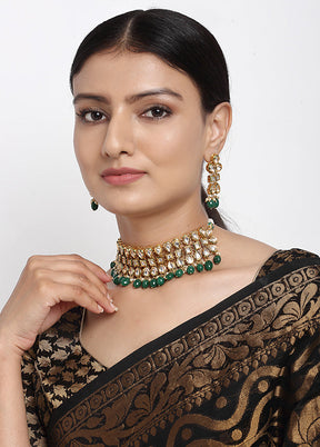 Gold Plated Kundan Jewellery Set With Green Beads - Indian Silk House Agencies