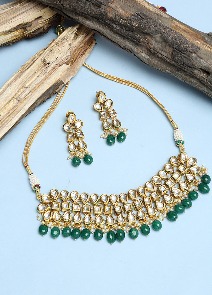 Gold Plated Kundan Jewellery Set With Green Beads - Indian Silk House Agencies