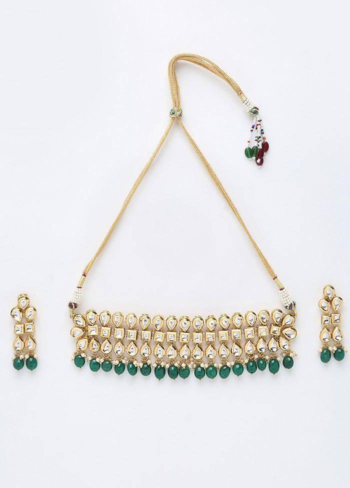 Gold Plated Kundan Jewellery Set With Green Beads - Indian Silk House Agencies