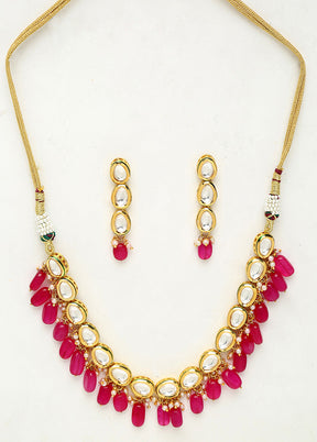 Gold Plated Kundan Jewellery Set With Magenta Beads - Indian Silk House Agencies