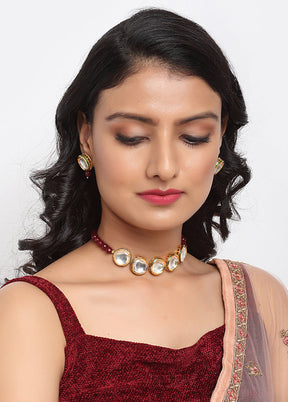 Gold Plated Choker Jewellery Set With Red Beads - Indian Silk House Agencies