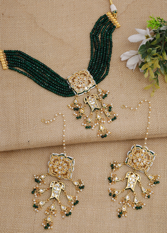 Gold Plated Kundan Choker With Emerald Green Crystals - Indian Silk House Agencies