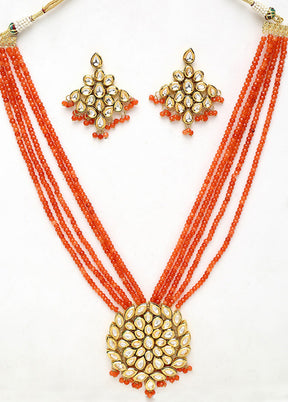 Gold Plated Kundan Jewellery Set With Orange Beads - Indian Silk House Agencies