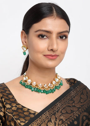 Gold Plated Kundan Jewellery Set With Emerald Green Beads - Indian Silk House Agencies