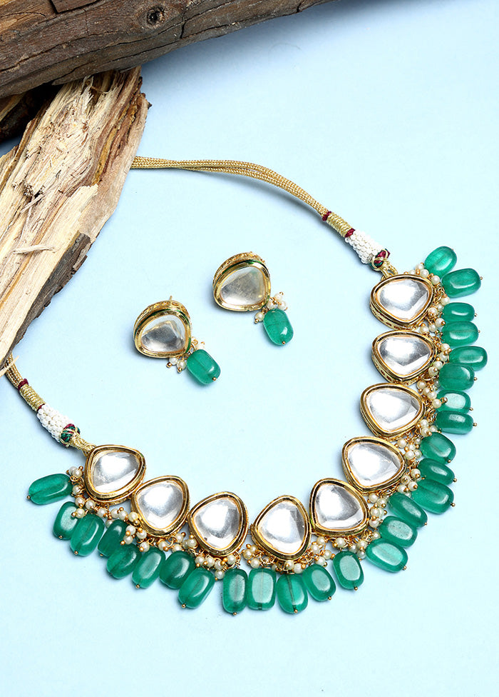 Gold Plated Kundan Jewellery Set With Emerald Green Beads - Indian Silk House Agencies