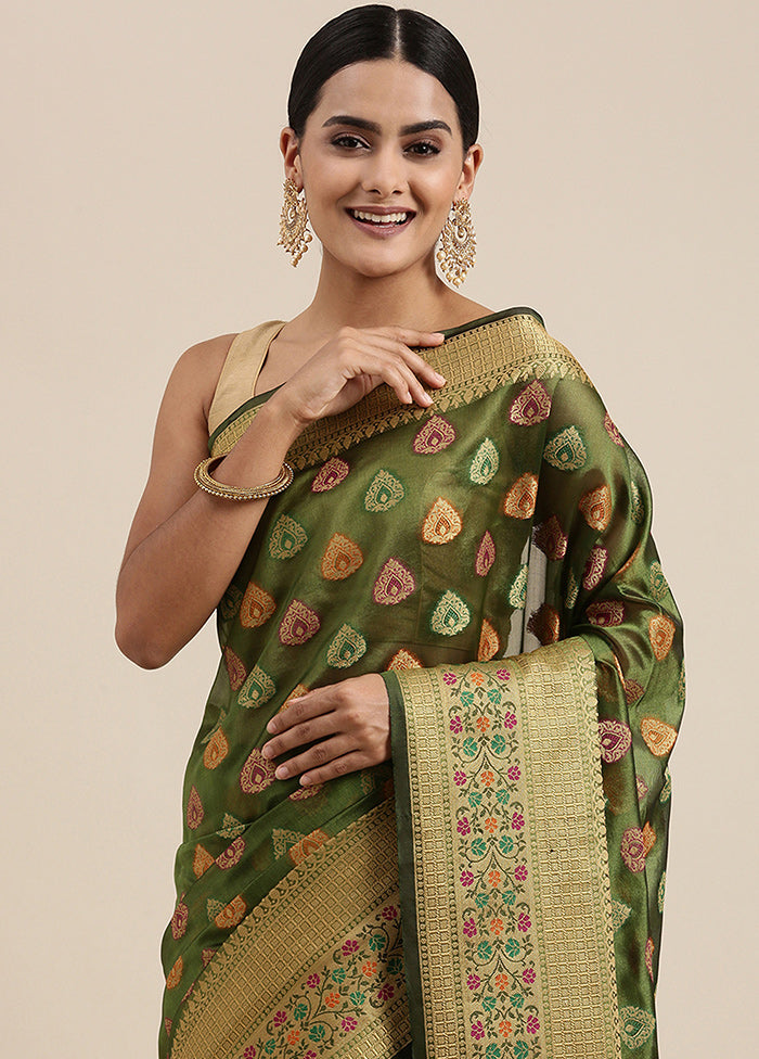 Mehendi Organza Saree With Blouse Piece