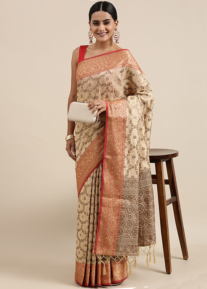 Beige Chanderi Silk Saree With Blouse Piece - Indian Silk House Agencies