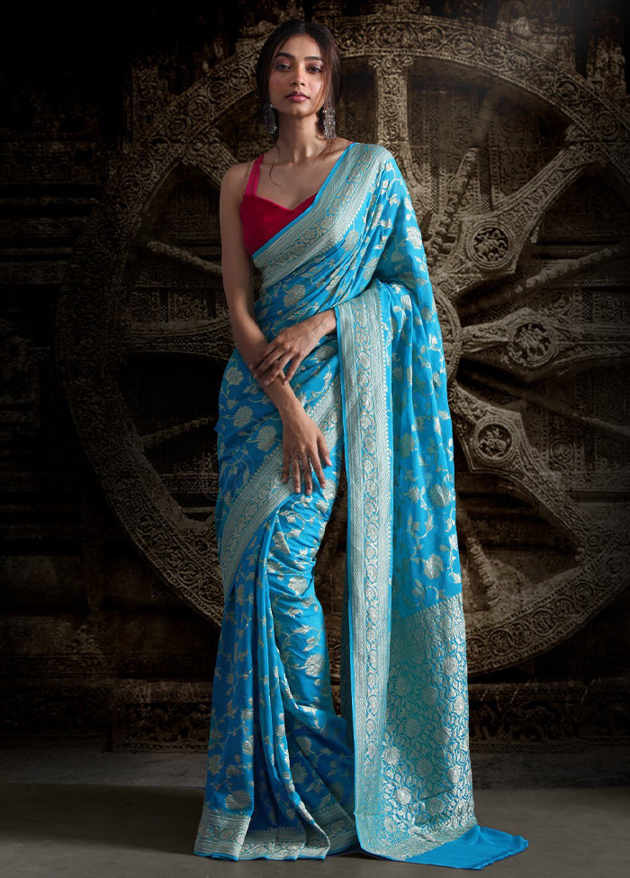 Blue Chiffon Pure Silk Saree With Blouse Piece - Indian Silk House Agencies