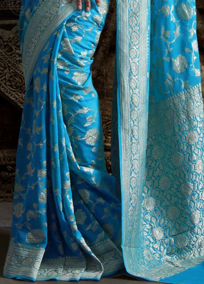 Blue Chiffon Pure Silk Saree With Blouse Piece - Indian Silk House Agencies