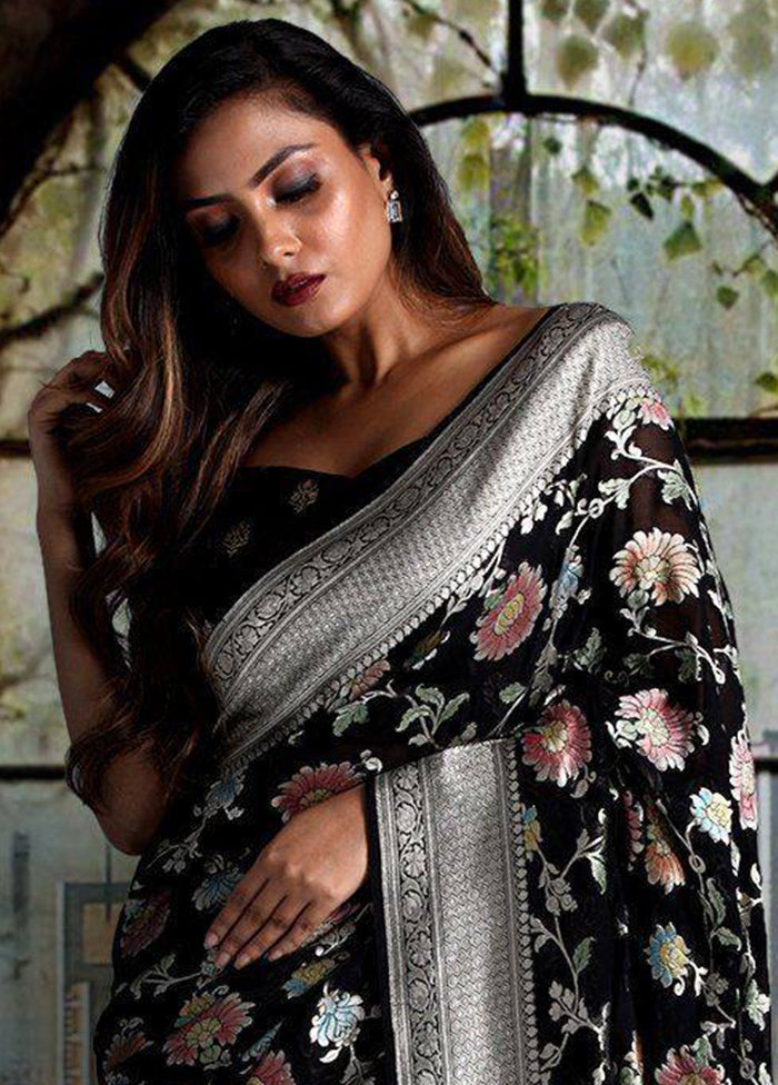 Black Chiffon Pure Silk Saree With Blouse Piece - Indian Silk House Agencies