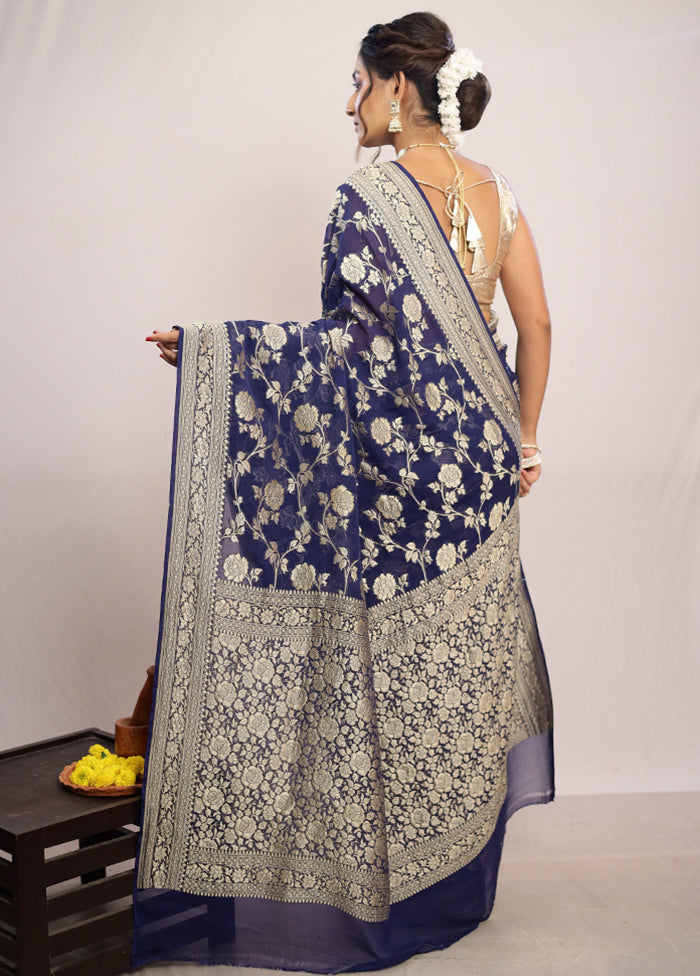 Navy Blue Chiffon Pure Silk Saree With Blouse Piece - Indian Silk House Agencies